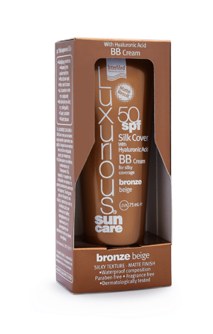 Luxurious Sun Care Silk Cover Bronze With Hyaluronic Acid SPF50, Υψηλή αντιηλιακή προστασία & ανάπλαση προσώπου με ήπια καλυπτικότητα 75ml.