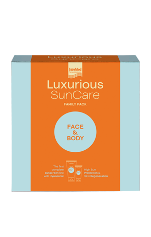 Luxurious Sun Care Family Packs Face & Body Πρακτική συσκευασία αντηλιακής κρέμας προσώπου και σώματος.