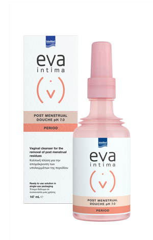 Eva Intima Post Menstrual Κολπική πλύση για την αποτελεσματική απομάκρυνση των υπολειμμάτων της αιμόρροιας μετά το τέλος της εμμήνου ρύσεως 147ml.