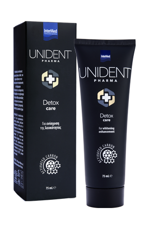 Unident Pharma Detox Care Λευκαντική οδοντόπαστα με ενεργό άνθρακα.