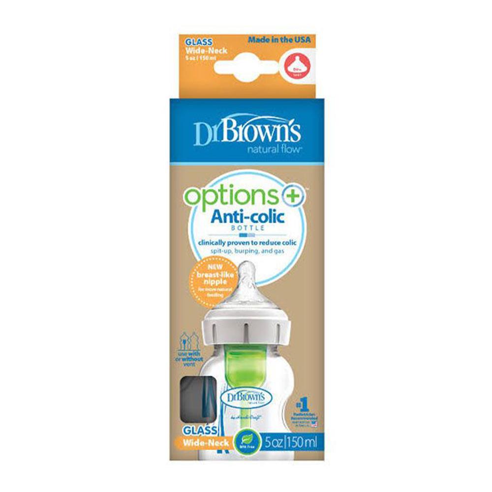 Dr Browns – Options+ Anti-colic Μπιμπερό Γυάλινο 0m+ με Φαρδύ Λαιμό 150ml.