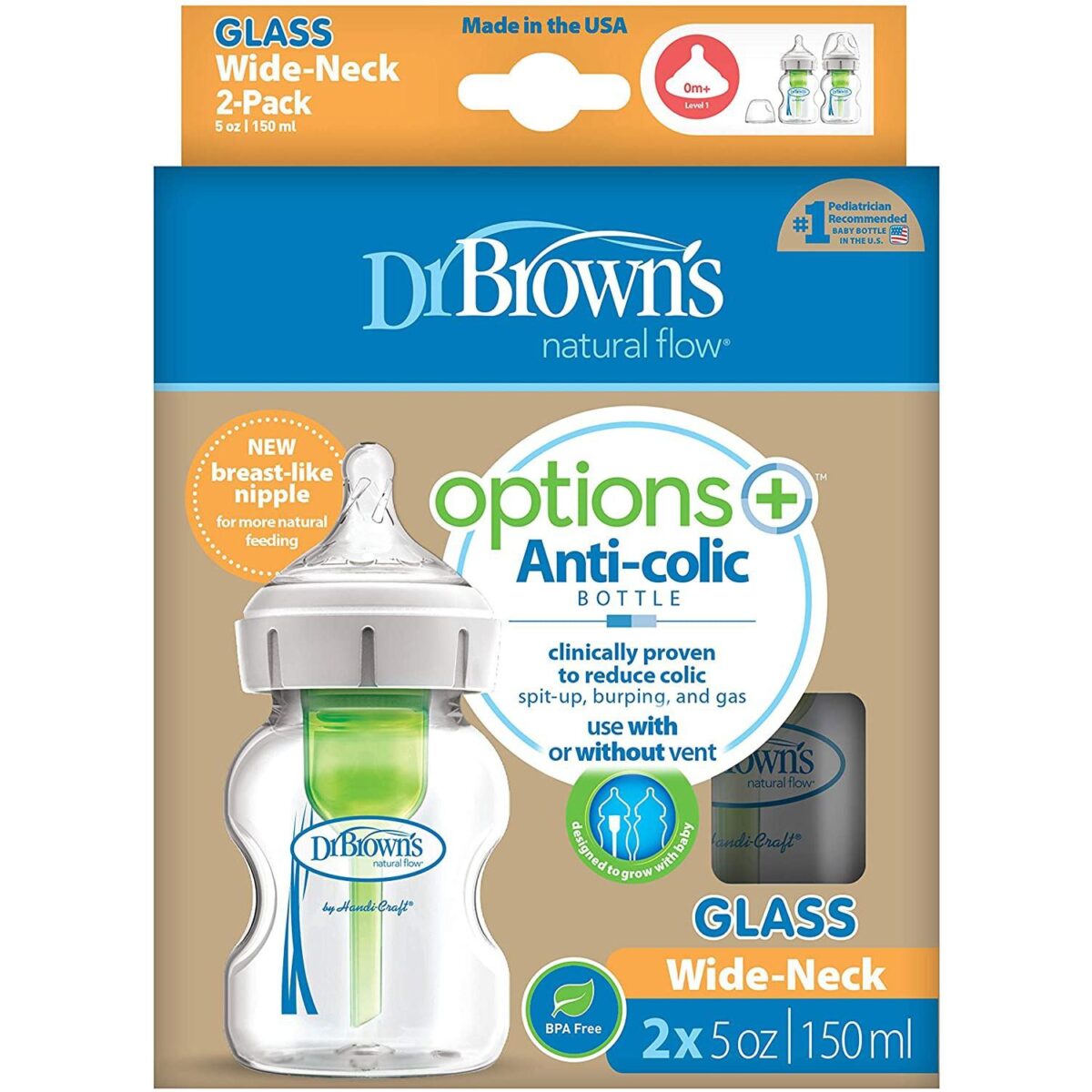 Dr Browns – Options+ Anti-colic Μπιμπερό Γυάλινο 0m+ με Φαρδύ Λαιμό 2x150ml.