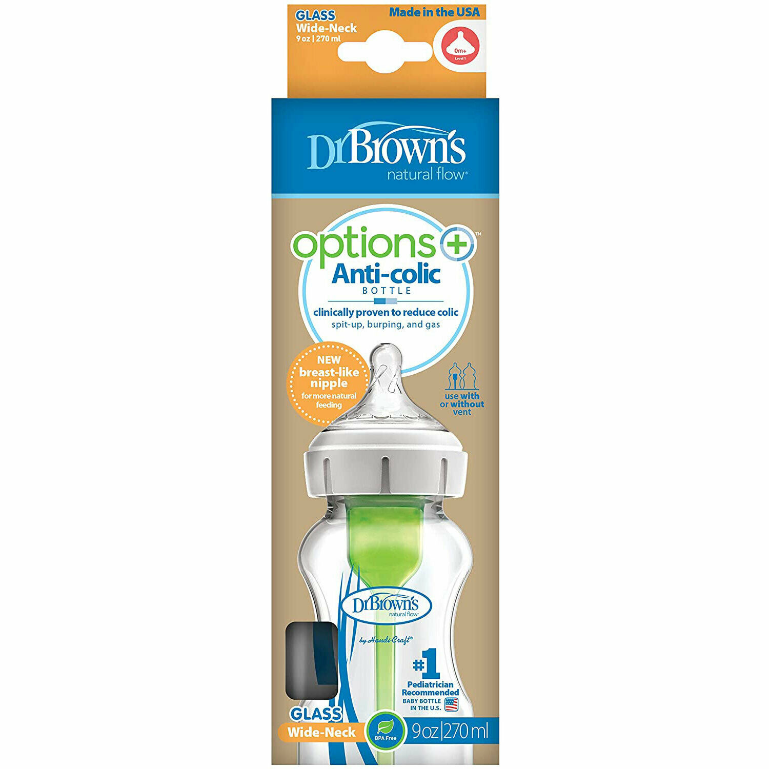 Dr Browns – Options+ Anti-colic Μπιμπερό Γυάλινο 0m+ με Φαρδύ Λαιμό 270ml.