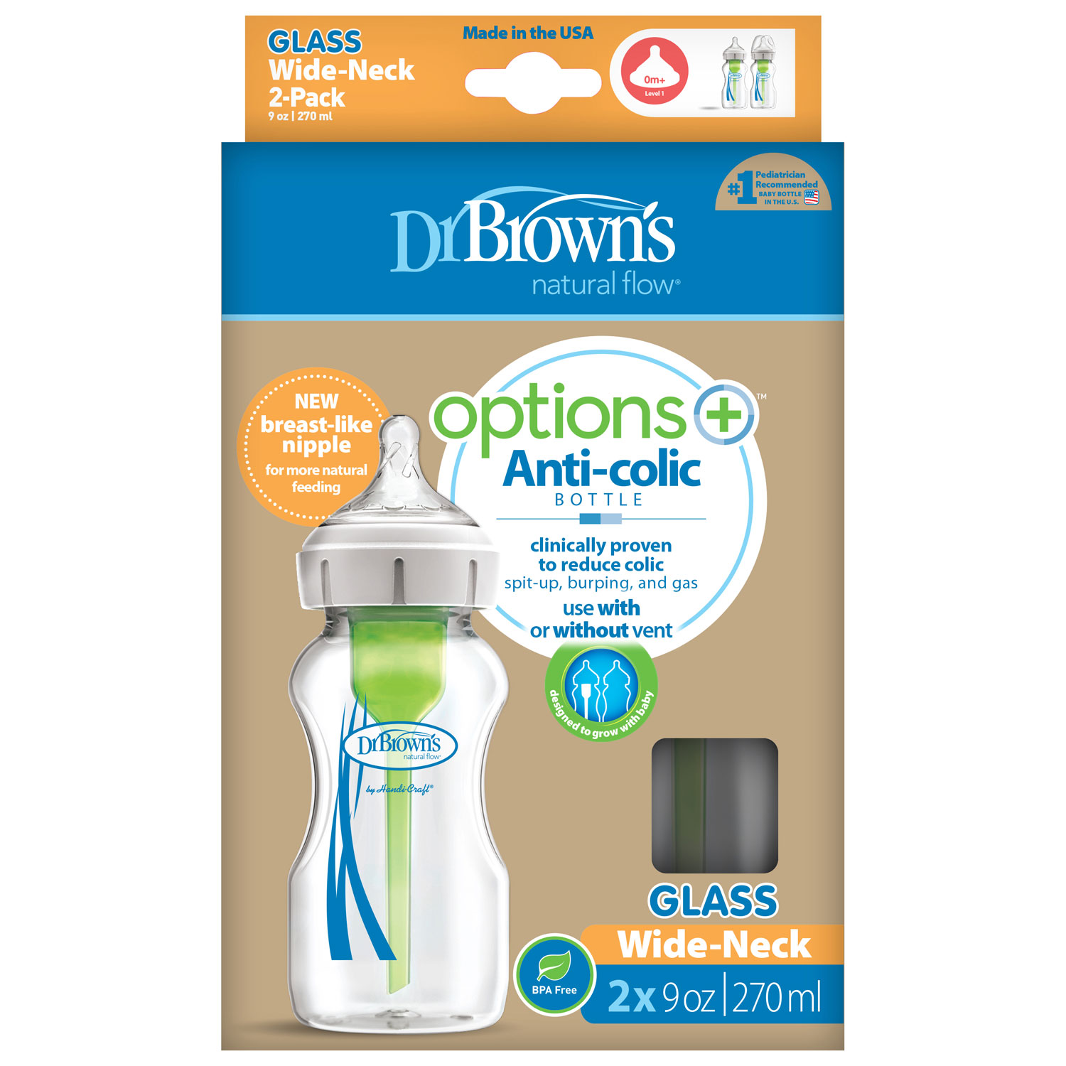 Dr Browns – Options+ Anti-colic Μπιμπερό Γυάλινο 0m+ με Φαρδύ Λαιμό 2x270ml.