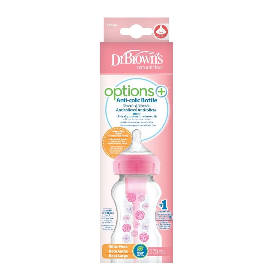 Dr Browns – Options+ Anti-colic Μπιμπερό Πλαστικό με Φαρδύ Λαιμό 270ml Ροζ.