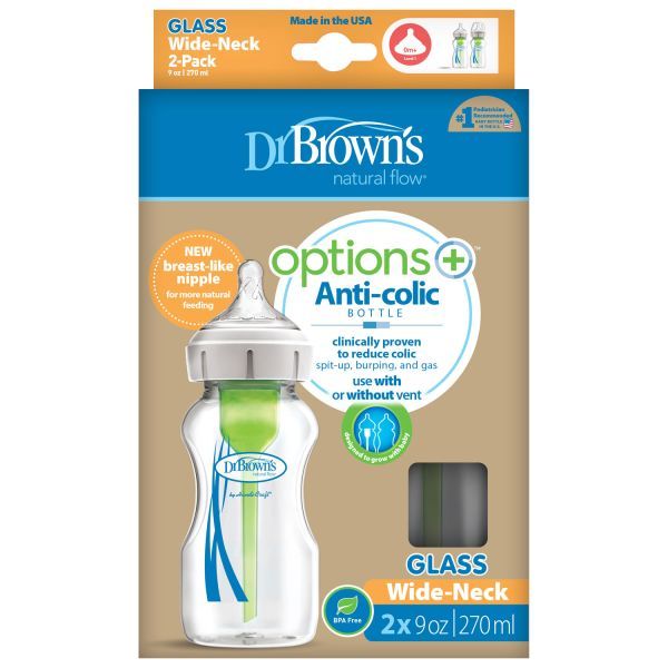 Φωτογραφία από Dr Browns – Options+ Anti-colic Μπιμπερό Γυάλινο 0m+ με Φαρδύ Λαιμό 2x270ml.